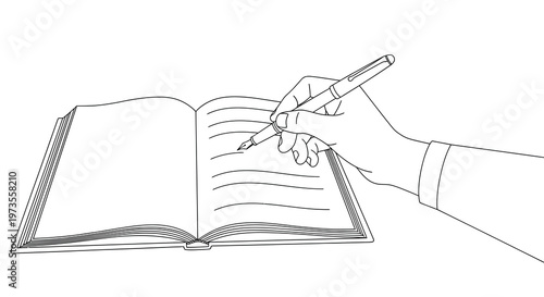 A hand writing in an open book with a fountain pen