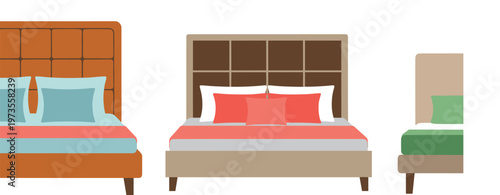 Bed furniture collection with modern bedroom designs pillows and headboards flat vector illustration home interior sleeping concept isolated