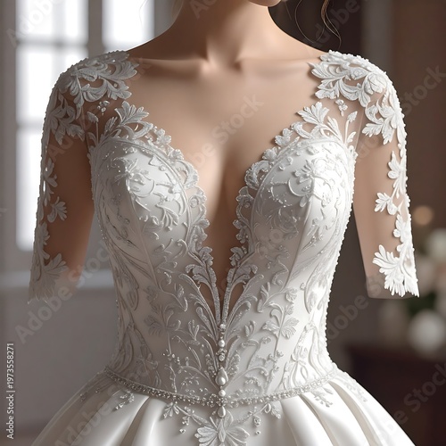 A sophisticated white gown with intricate floral lace, delicate sheer sleeves, and a plunging neckline. It appears ethereal and elegant