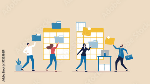 Office workers, team collaboration, business organization, workflow management, flat design icons
