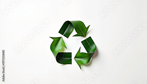 green leaves forming a recycling symbol against a white background representing sustainability and environmental awareness