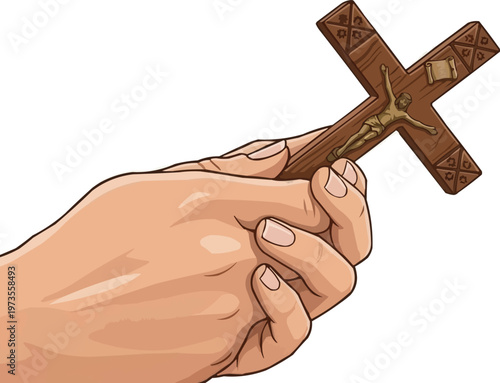 Hand Holding Wooden Crucifix Isolated on White Background, Christian Faith and Prayer Concept Illustration