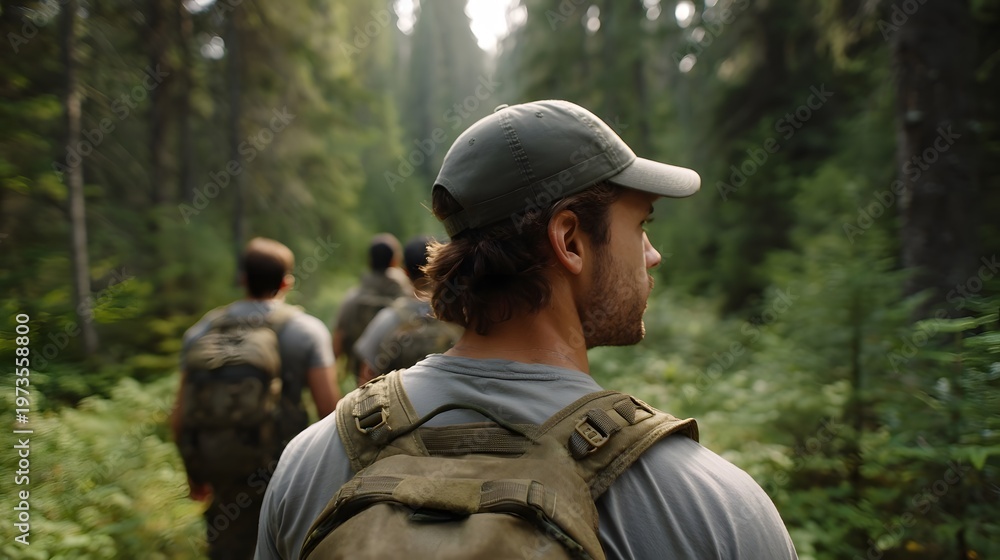 Fototapeta premium A figure wearing tactical gear stands in a lush forest leading a small team on an outdoor expedition through dense woods