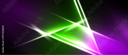 Abstract neon lines intersect, creating bright green, purple glow. Dark background emphasizes luminous energy, dynamic composition.