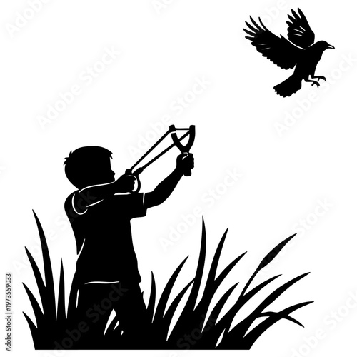 A striking black silhouette depicts a determined young boy camouflaged in tall grass, skillfully aiming his powerful slingshot at a soaring bird.