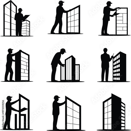 Black silhouette people performing various construction and maintenance tasks on buildings de