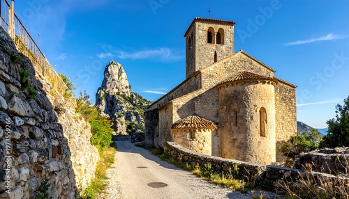 An ancient stone church sits beside a narrow road. A high rocky outcropping rises nearby under a bright blue sky