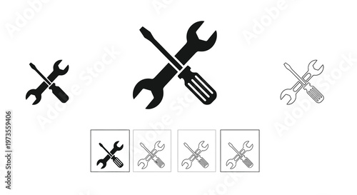 Black and white illustrations of wrenches and screwdrivers in various arrangements