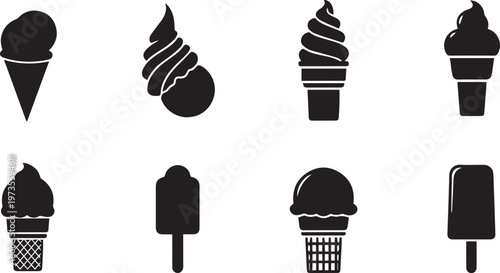 Ice Cream Cone and Popsicle Black Silhouette Icon Set