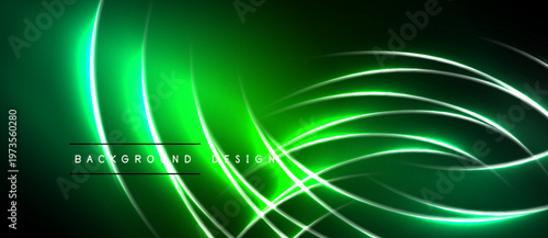 Abstract neon lines create dynamic green glow. Dark background emphasizes flowing curves, modern design element.