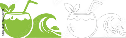 Coconut drink with straw and wave logo designs
