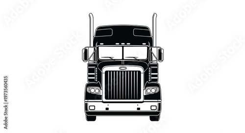 Front view of a black and white semi truck with tall smokestacks