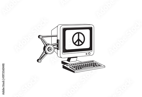 Peace symbol on computer screen, vintage computer with keyboard and monitor, black and white vector illustration, peace sign on desktop, computer graphics