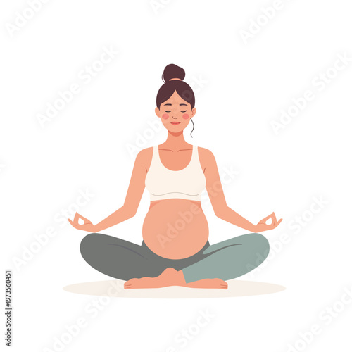 Pregnant woman practicing yoga and meditation in lotus position for wellness vector.