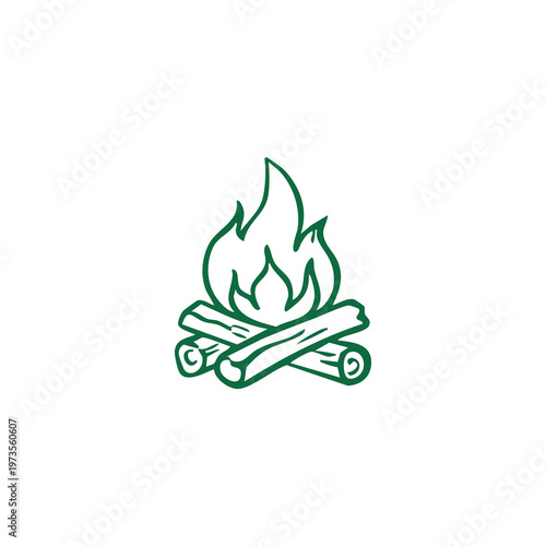 A minimalist illustration of a campfire with green outline and white background