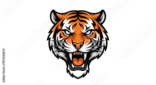 A fierce tiger head logo with striking orange and black stripes, showcasing its powerful roar and intense gaze, perfect for sports teams or brand identity.