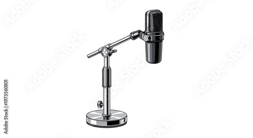 A sleek, professional studio condenser microphone on a sturdy stand, perfect for high-quality audio recording and broadcasting.