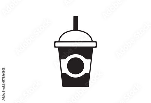 Black disposable cup, take away drink, straw, lid, vector icon