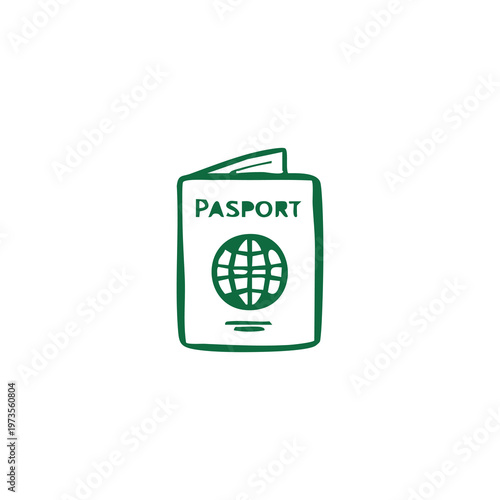 Simple green outline of an open passport with a globe symbol and text