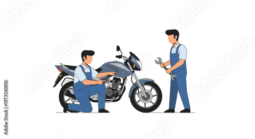 Two mechanics working on a motorcycle in a workshop setting.