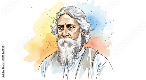 Rabindranath Tagore portrait watercolor painting illustration art splash color poet writer philosopher face design background image
