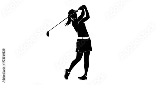 Dynamic silhouette illustration of a female golfer mid-swing, showcasing athletic form and precision on the golf course.