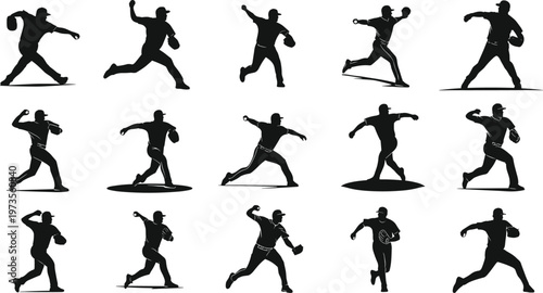 Baseball pitcher silhouette set, professional athlete throwing ball in action poses, sports competition, cad drawing flat vector illustration for design,