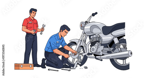Two mechanics working on a motorcycle repair 2.