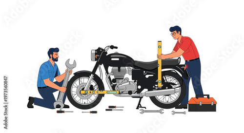 Two mechanics working on a motorcycle repair 1.