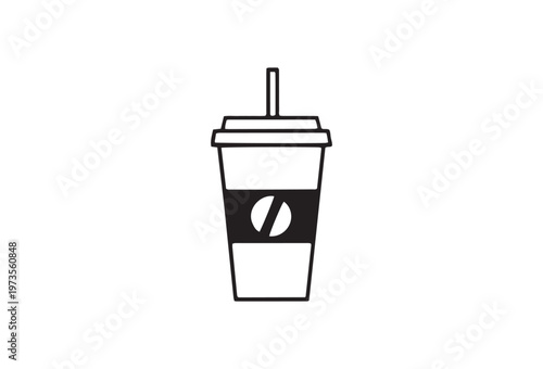 Coffee cup, disposable drink, straw, vector icon, black and white