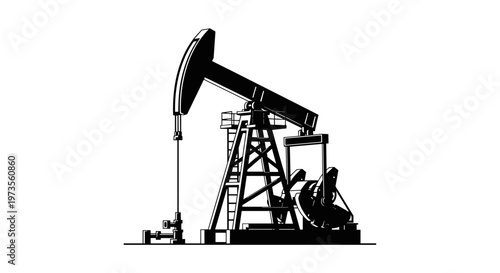 A striking black and white vector illustration of an oil pump jack, symbolizing the energy industry and fossil fuel extraction.