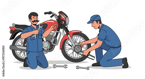 Two mechanics working on a motorcycle repair 4.