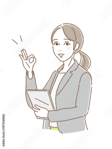 ビジネス 女性 スーツ OKマーク 解決 案内 笑顔 若い女性  タブレット ベクター Business woman suit OK sign solution reception young woman tablet vector isolated on white background