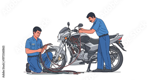 Two mechanics working on a motorcycle repair 3.