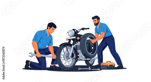 Two mechanics working on a motorcycle repair.