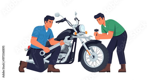 Two mechanics working on a motorcycle together 2.