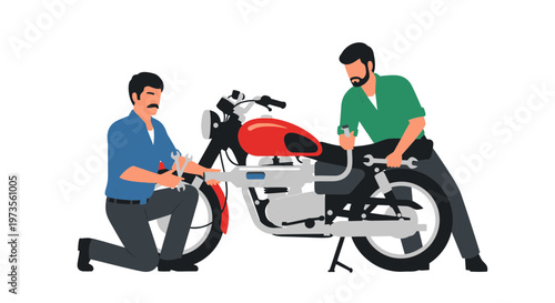 Two mechanics working on a vintage motorcycle repair.