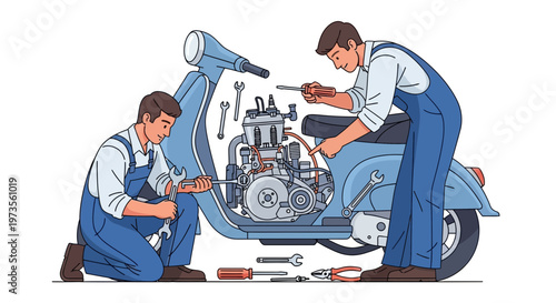 Two mechanics working on a vintage scooter engine.