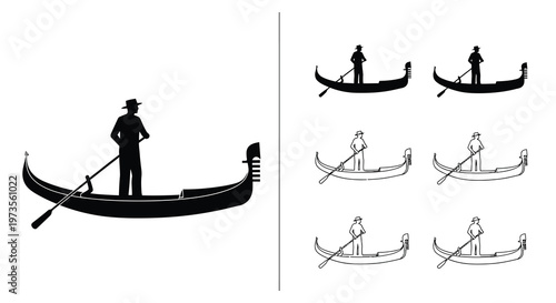 Black silhouettes of gondolas and gondoliers in varying styles