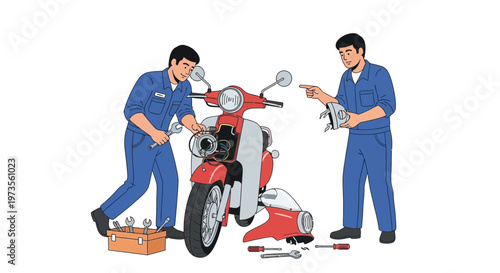 Two mechanics working on a vintage scooter in a workshop setting.