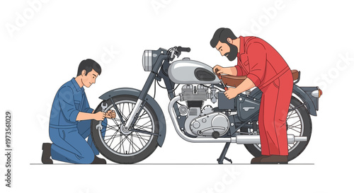 Two mechanics working on a vintage motorcycle repair 1.