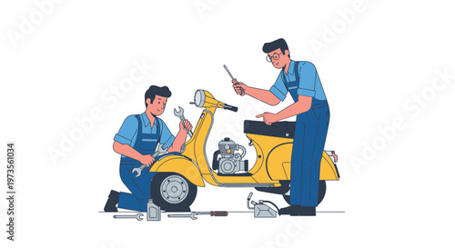Two mechanics working on a yellow scooter.
