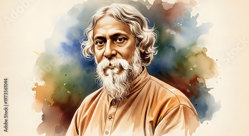 Rabindranath Tagore portrait watercolor painting art illustration color splash poet writer face texture background style picture