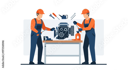 Two mechanics working on an engine with tools and equipment.