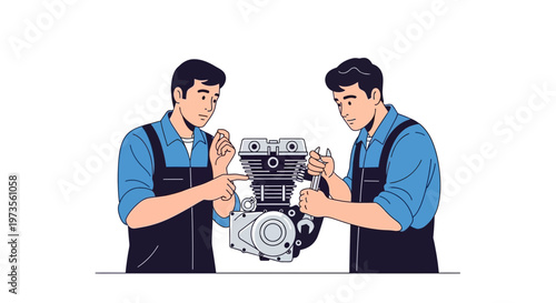 Two mechanics working together on a motorcycle engine 1.