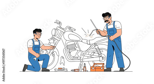 Two Mechanics Working on Motorcycle Engine Repair and Maintenance.