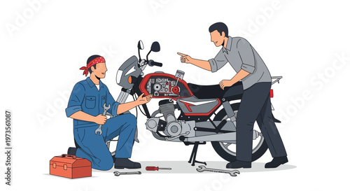 Two mechanics working together on a motorcycle repair 1.