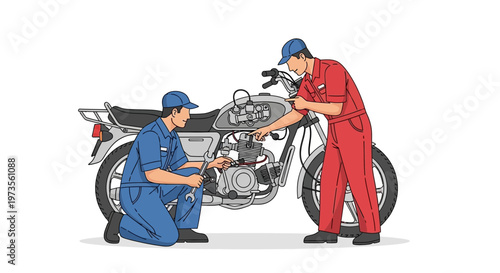 Two mechanics working together on a motorcycle engine.