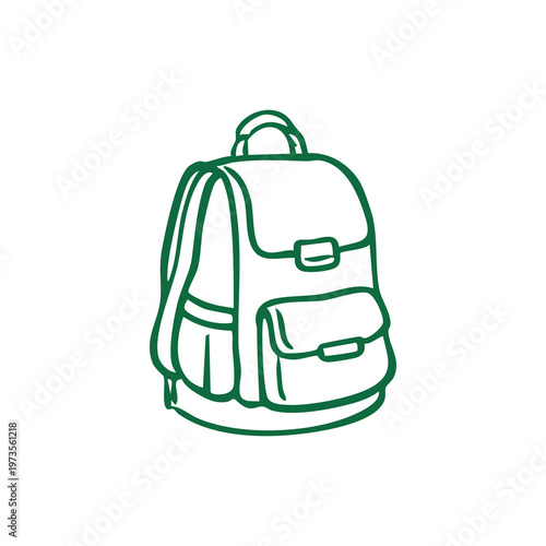 Simple green outline illustration of a classic backpack with flap pocket and handle