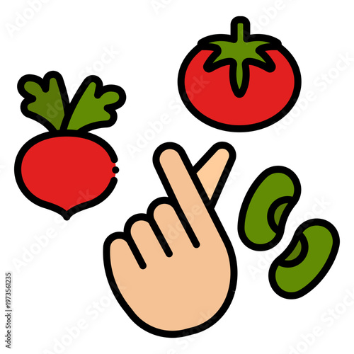 Healthy Food with Hand Heart Sign: Tomato, Radish, Beans